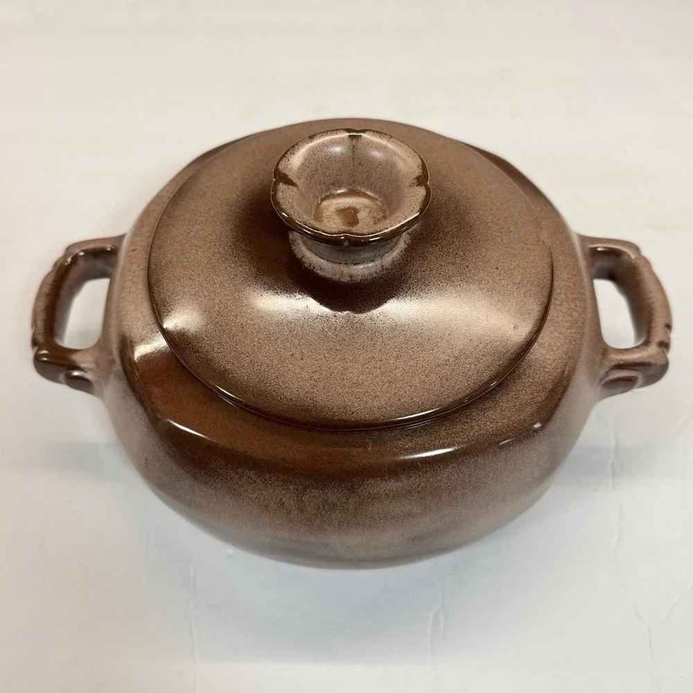 Vintage Mid-Century FRANKOMA POTTERY Baker / Bean Pot Glazed Brown w/ Lid READ‎